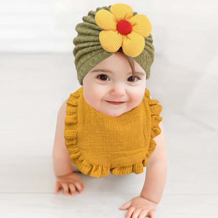 Newborn Baby Hat & Bib Set - Muslin Drool Bibs With Frilly Trim  Soft Organic Cotton