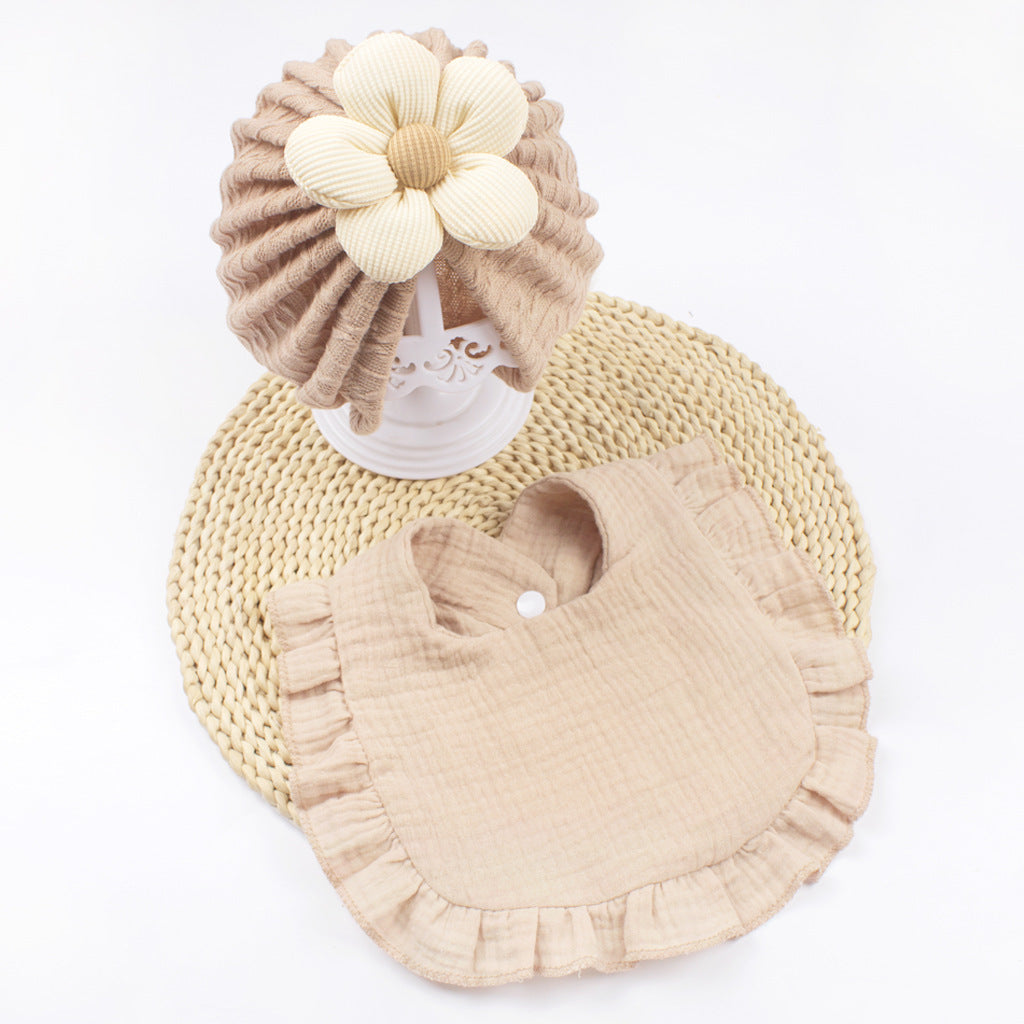 Newborn Baby Hat & Bib Set - Muslin Drool Bibs With Frilly Trim  Soft Organic Cotton