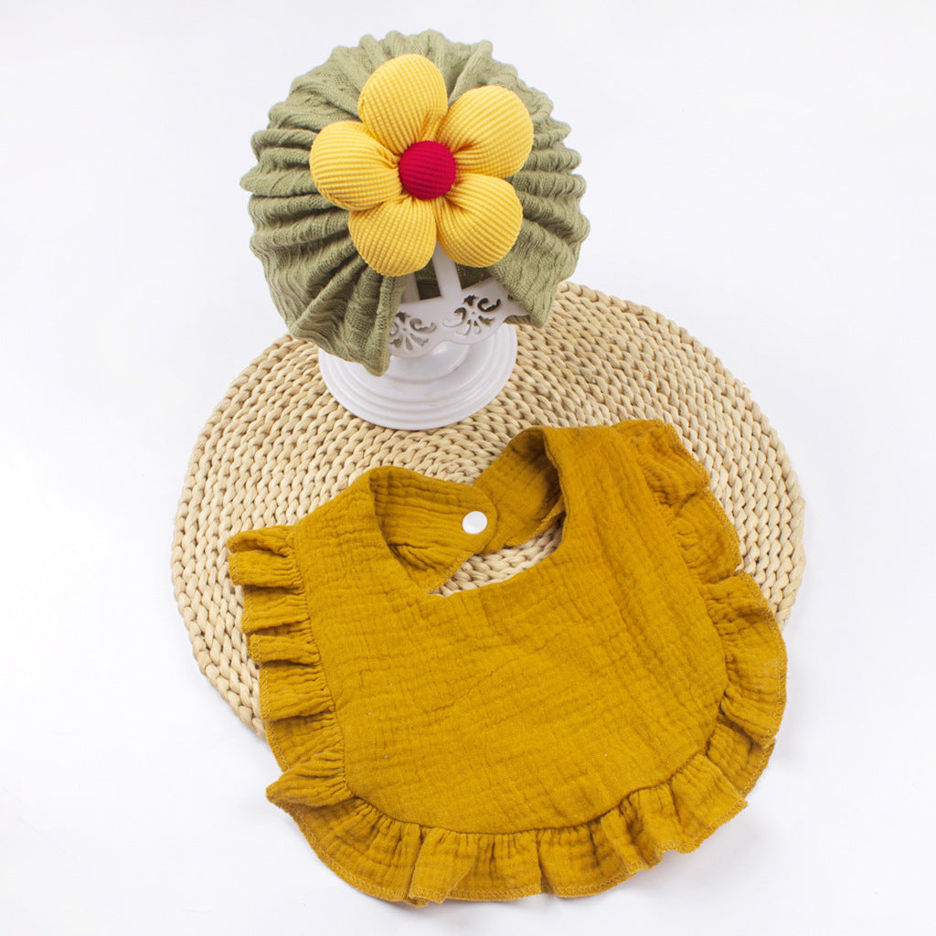 Newborn Baby Hat & Bib Set - Muslin Drool Bibs With Frilly Trim  Soft Organic Cotton