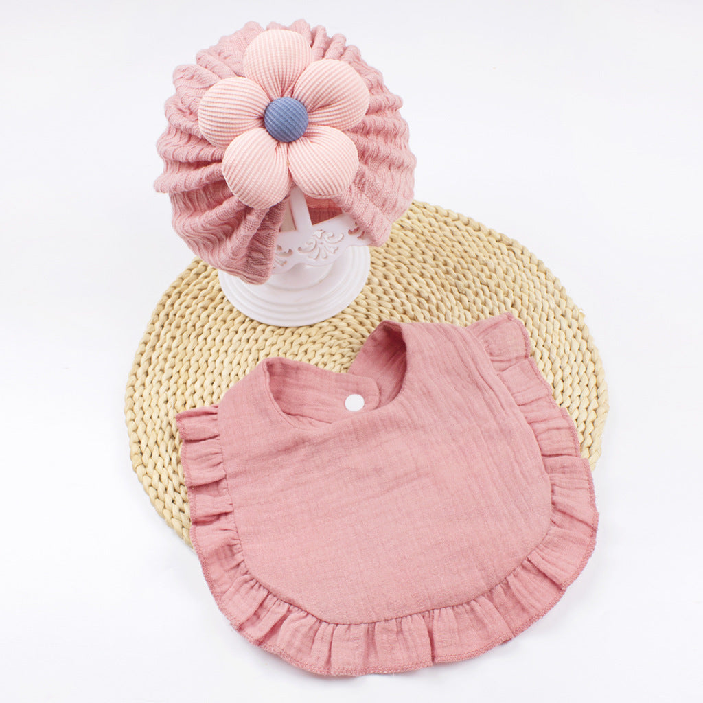 Newborn Baby Hat & Bib Set - Muslin Drool Bibs With Frilly Trim  Soft Organic Cotton