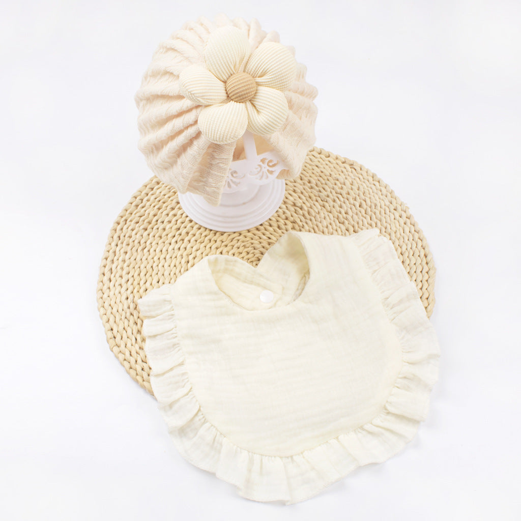 Newborn Baby Hat & Bib Set - Muslin Drool Bibs With Frilly Trim  Soft Organic Cotton